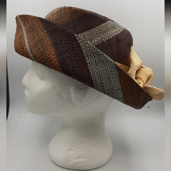 Beau Chapeau Hat Shop 100% Raphia Multicolored Brown Hat With Bow Like New - Picture 2 of 8